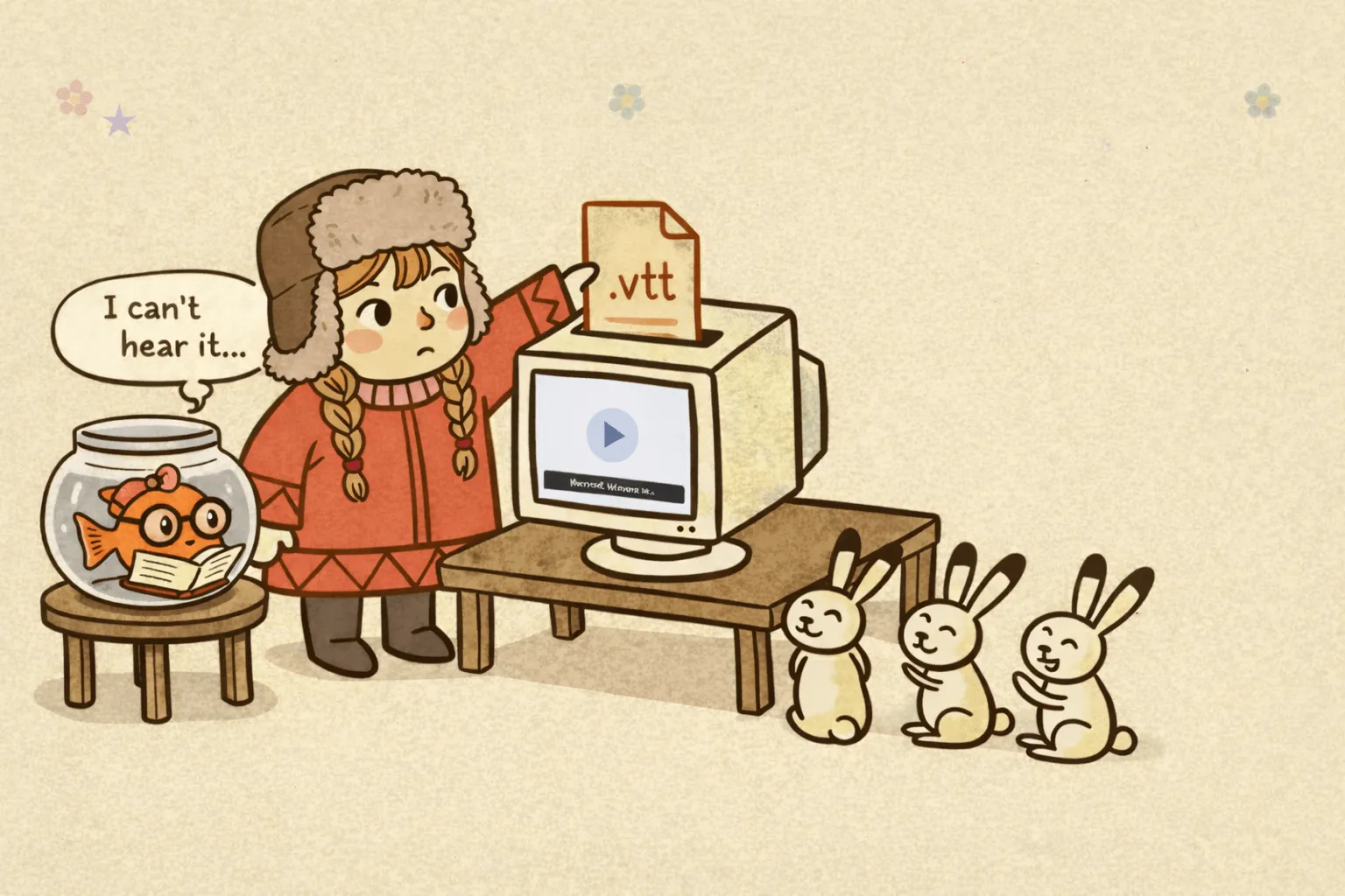 A girl in a fur hat adds a .vtt caption file to a video on an old computer so the person who cannot hear can follow along