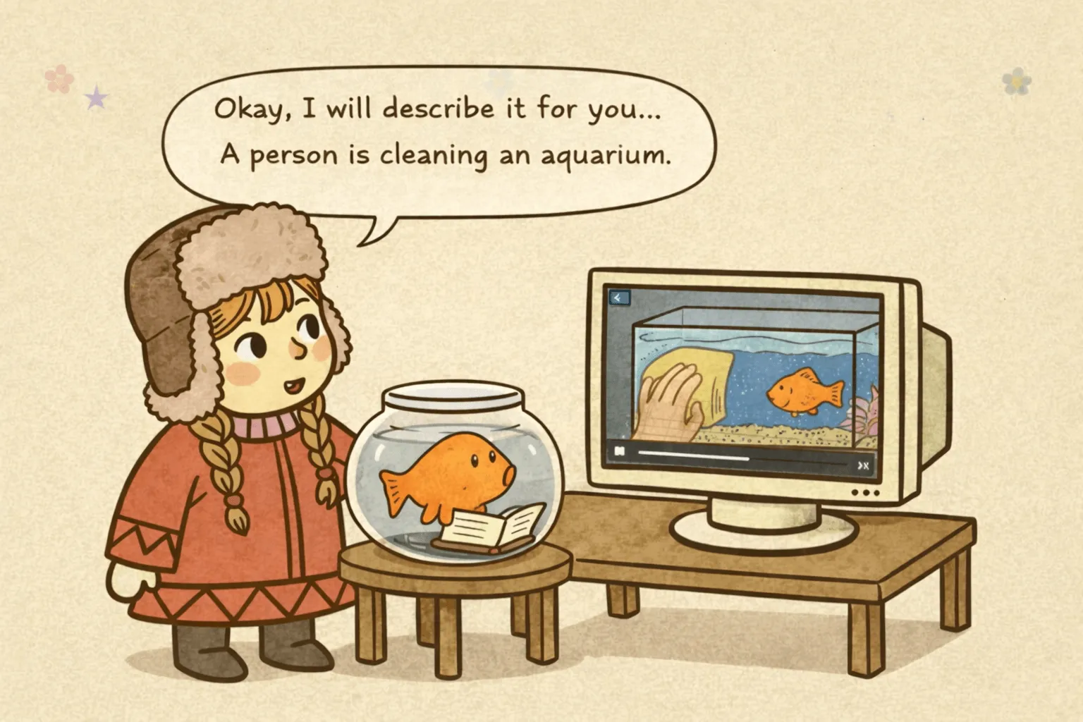 The girl in a fur hat describes a video to a fish in a bowl: "Okay, I will describe it for you... A person is cleaning an aquarium"