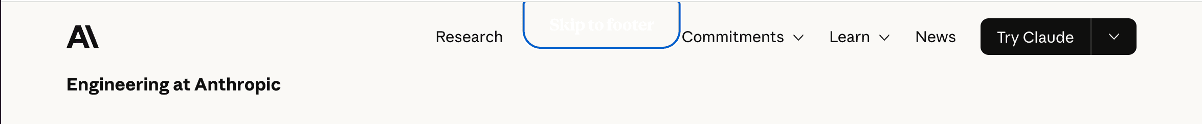 Anthropic's blog showing a 'Skip to footer' link with near-invisible text failing contrast requirements