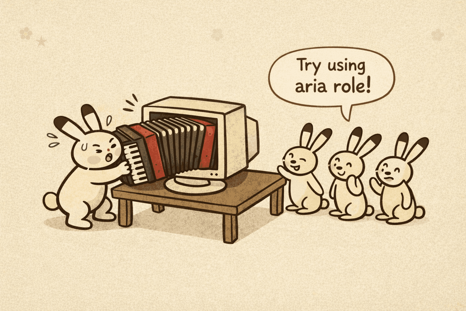 A bunny stuffs an accordion into a monitor while others suggest 'Try using ARIA role!'