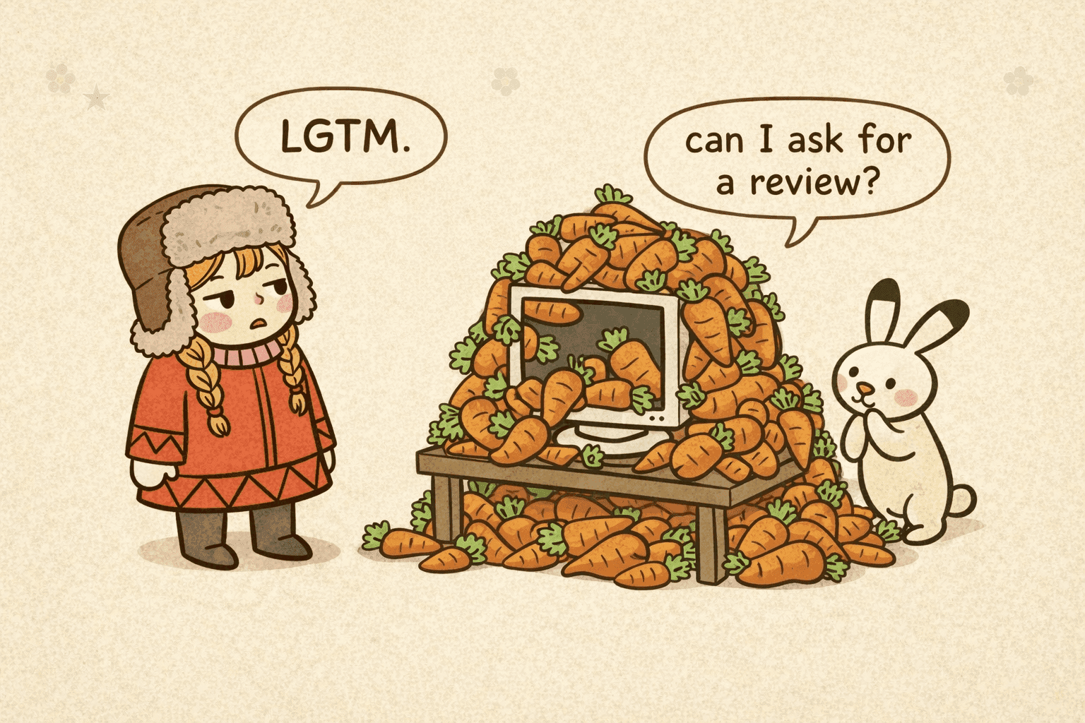 A bunny asks for a code review next to a computer buried under carrots, while a girl says 'LGTM.'