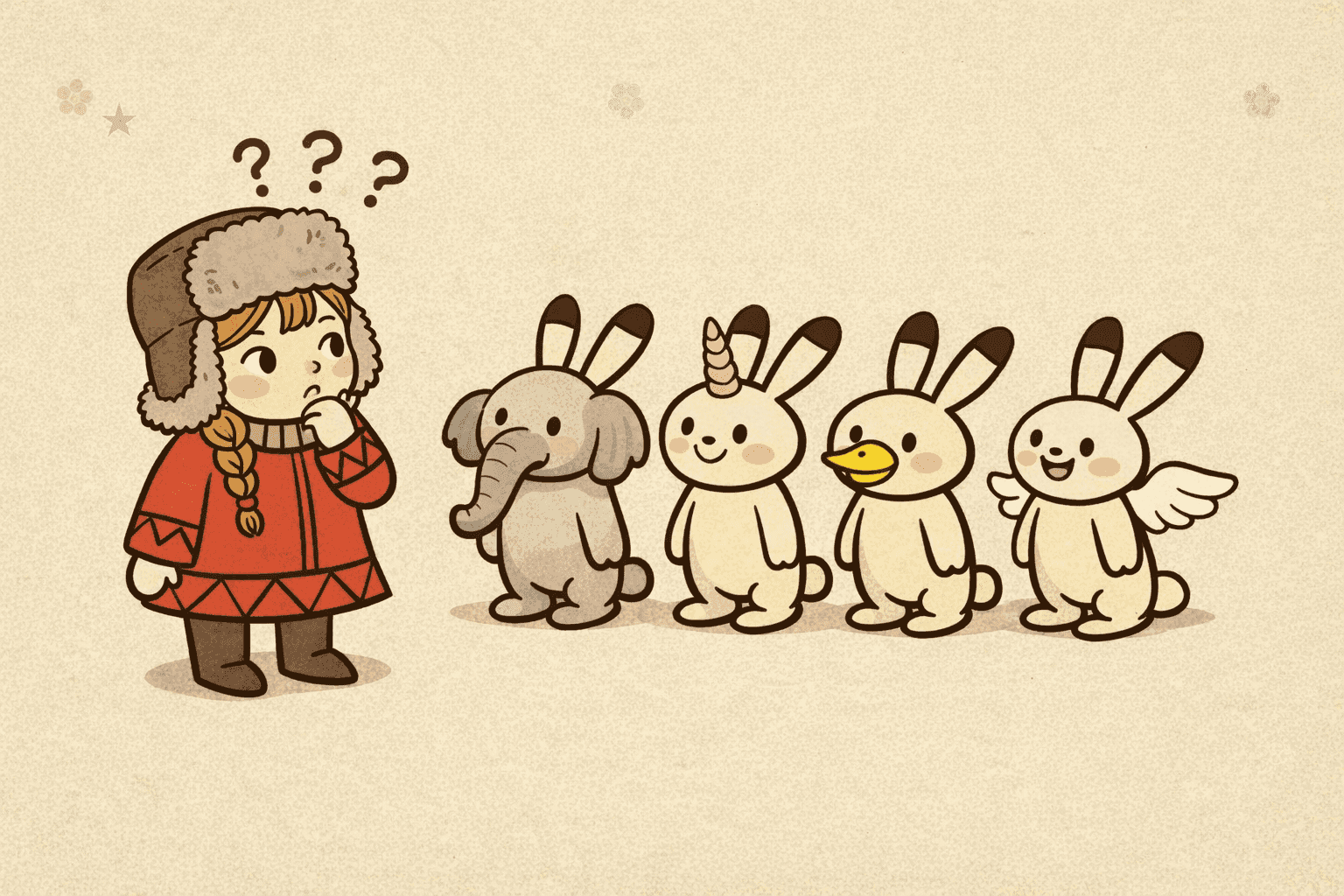 A confused girl looks at a row of oddly mutated bunnies (allusion to UI Components)