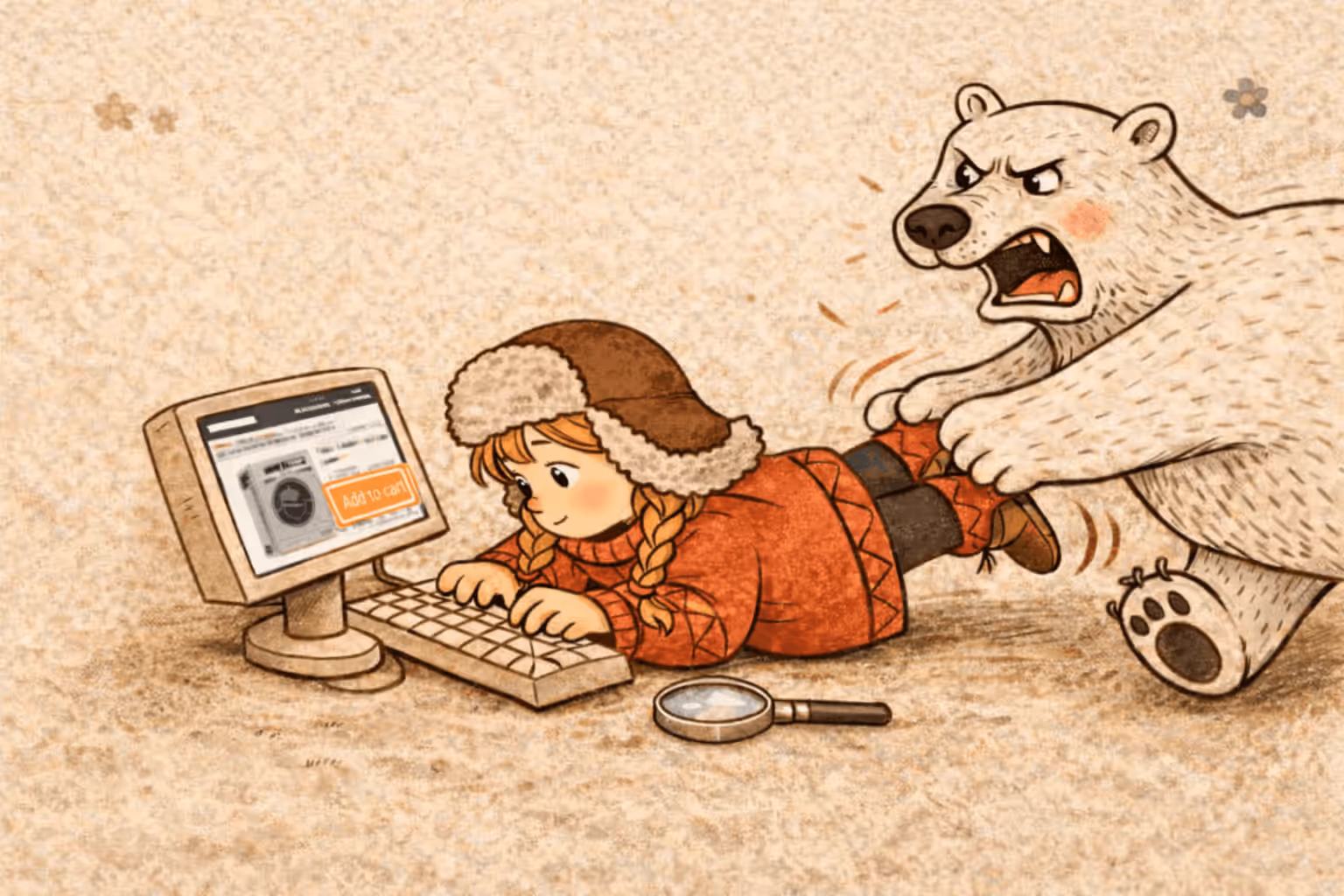 A girl in a fur hat lying on the ground typing on a keyboard while an angry polar bear tries to drag her away — a framed cat photo and magnifying glass sit nearby