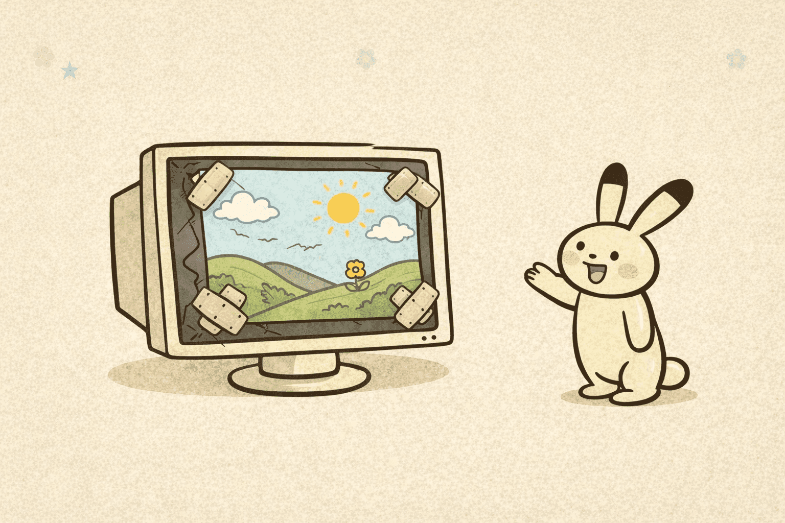 A bunny presents a cracked monitor held together with band-aids