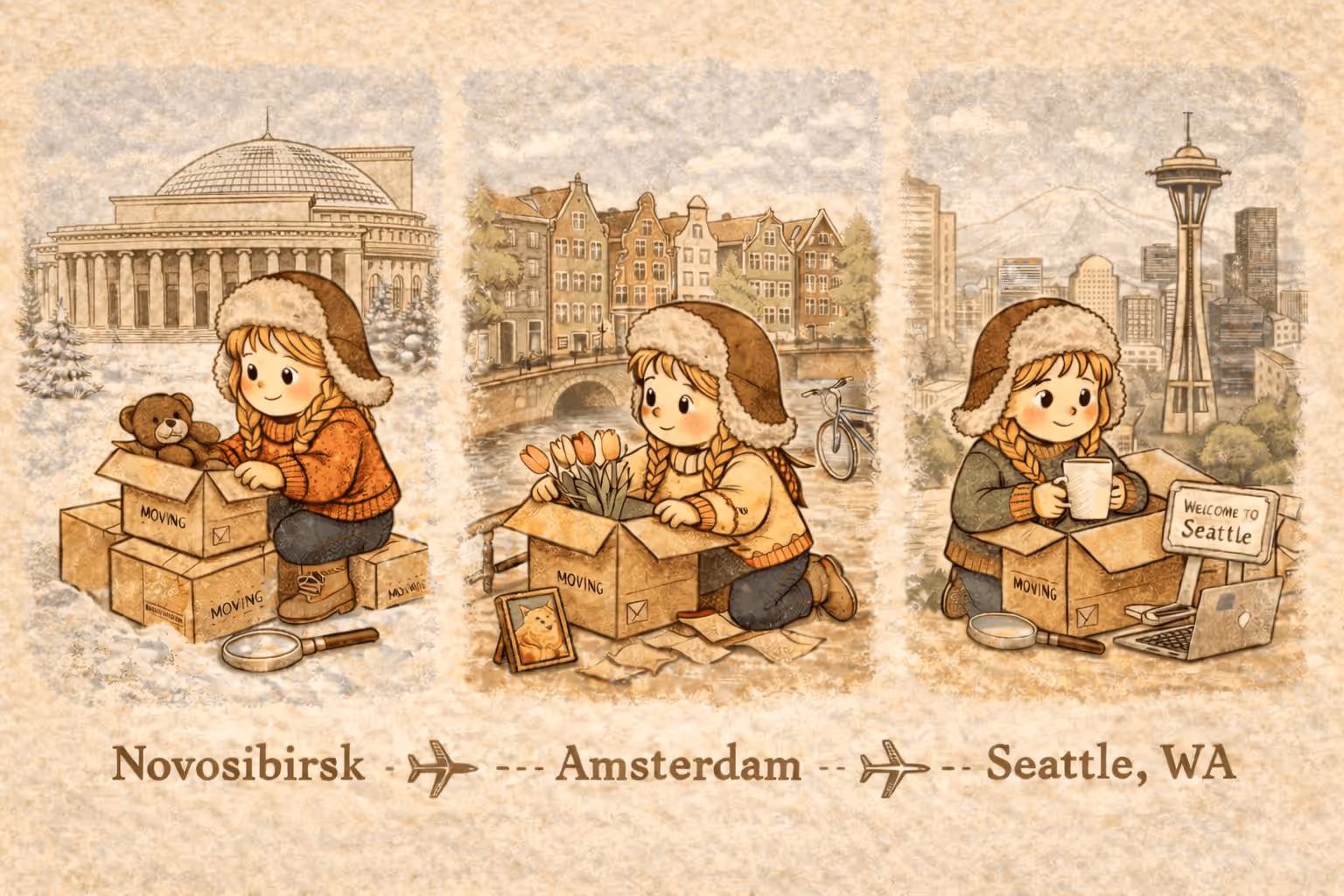 Three panels showing a girl in a fur hat packing moving boxes: first in Novosibirsk with a bear and snow, then in Amsterdam with canals and tulips, then in Seattle with the Space Needle and a coffee mug