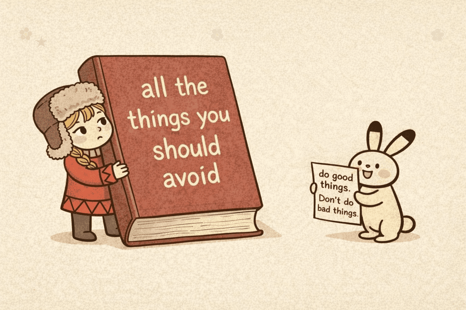 A girl leans on a huge book 'all the things you should avoid' while a bunny presents a tiny paper saying 'do good things, do not do bad things'