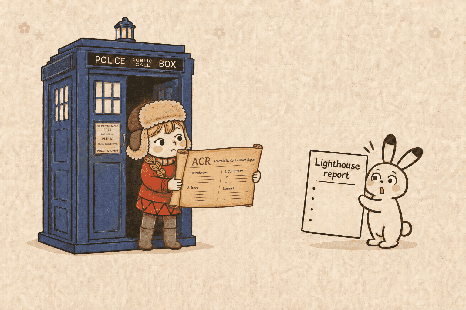 A girl stepping out of a TARDIS police box holding an unrolled ACR scroll — an Accessibility Conformance Report with sections for introduction, scope, conformance, and remarks — beside a startled rabbit clutching a Lighthouse report